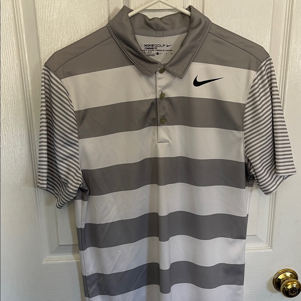 Nike Men's Black and Gray Striped Polo Shirt